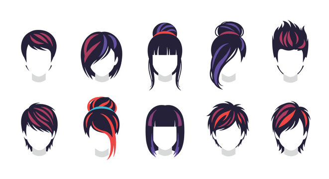 Set of ten different female hairstyles featuring dark purple and black hair with vibrant red color streaks for fashion and beauty salon.