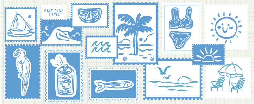 Blue summer beach doodle sticker or postal stamp set. Wax crayon coastal drawings. Vector summertime sea travel scrapbook hand drawn collage illustrations for travel dairy, notebooks, social media.