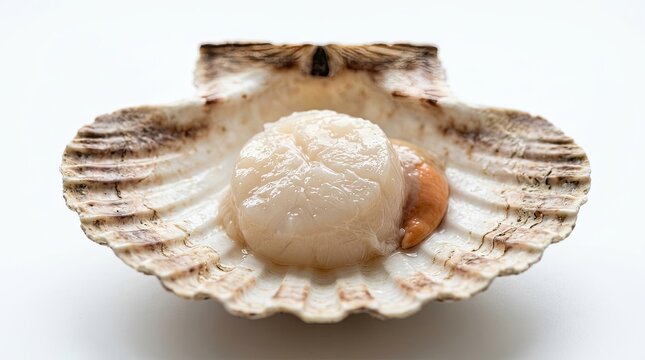 A single, large scallop rests inside its open shell.