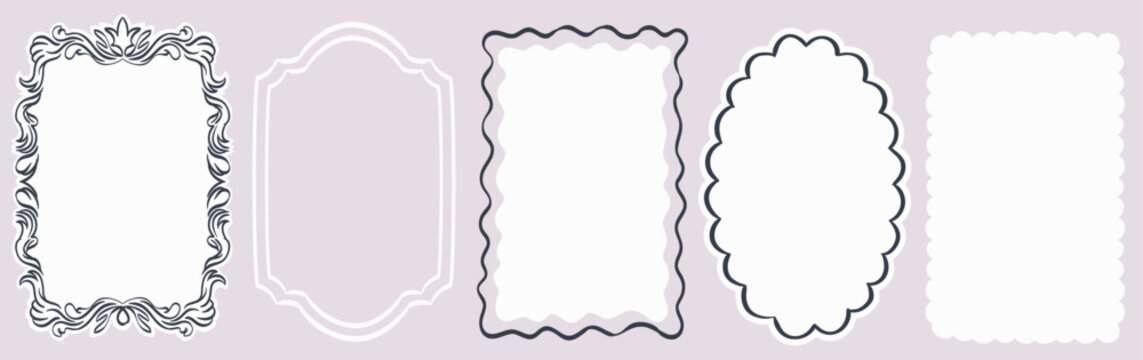 Collection of hand drawn oval, rectangle and geometric frame shapes. Baroque or Victorian style border forms for wedding or birthday menu invitation cards, labels, banners and creative elements.