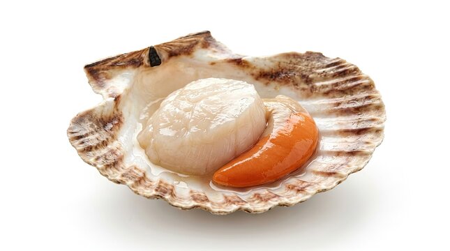 A single scallop sits nestled within its open shell.