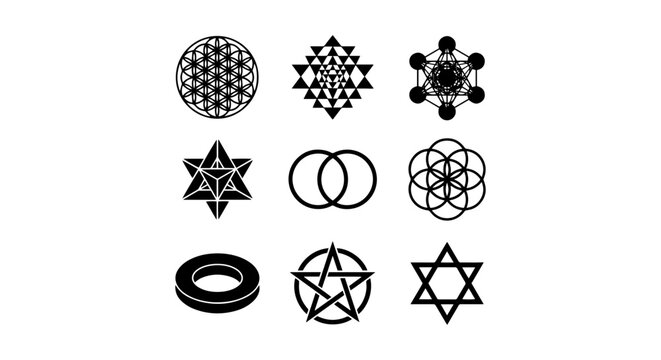 Sacred Geometry Symbols Collection, Metatron's Cube, Flower of Life, Star of David, Vector Icons