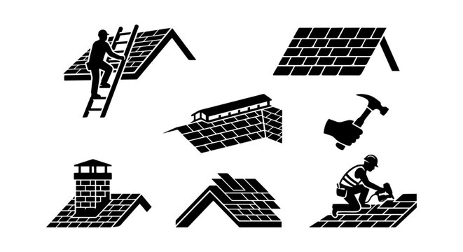 Roofing Construction Icons, Building Maintenance Symbols, Home Repair Vector Graphics