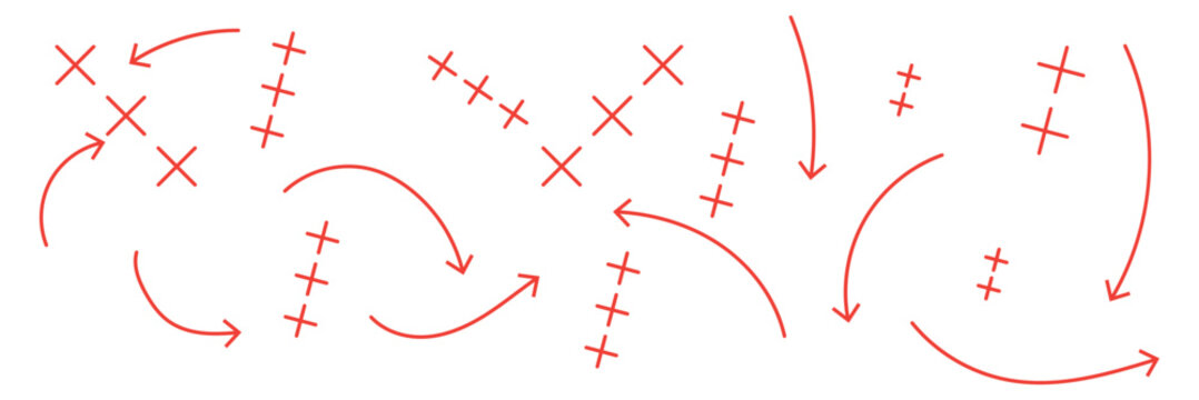 Hand drawn football tactics diagram, soccer strategy play with arrows, player movement, passing routes and formation plan for offensive and defensive game concept