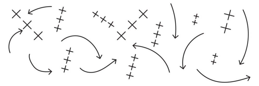 Hand drawn football tactics diagram, soccer strategy play with arrows, player movement, passing routes and formation plan for offensive and defensive game concept
