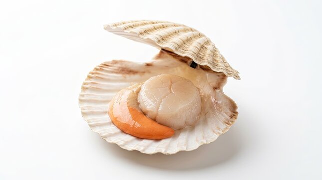 A single, open seashell displays a fresh, raw scallop.