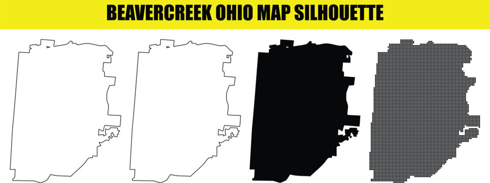 Beavercreek ohio map silhouette set including minimalist line art and detailed stipple effect for versatile usage.