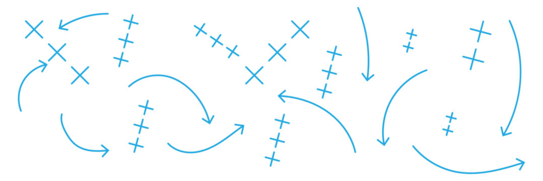 Hand drawn football tactics diagram, soccer strategy play with arrows, player movement, passing routes and formation plan for offensive and defensive game concept