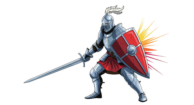 Medieval knight in full plate armor, wielding a sword and a red shield, with colorful energy or light rays behind him.