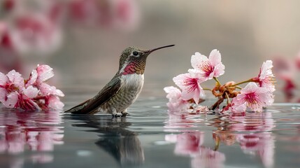 Fototapeta premium Small brown hummingbird standing in calm water beside delicate pink cherry blossoms during a bright and sunny spring morning time