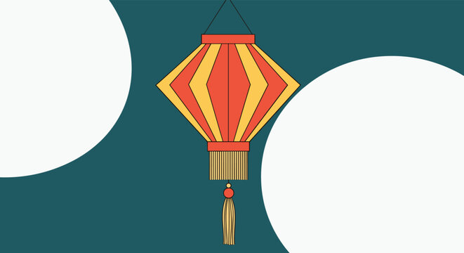 Traditional red and yellow striped paper lantern hangs with a decorative tassel against a dark teal background.