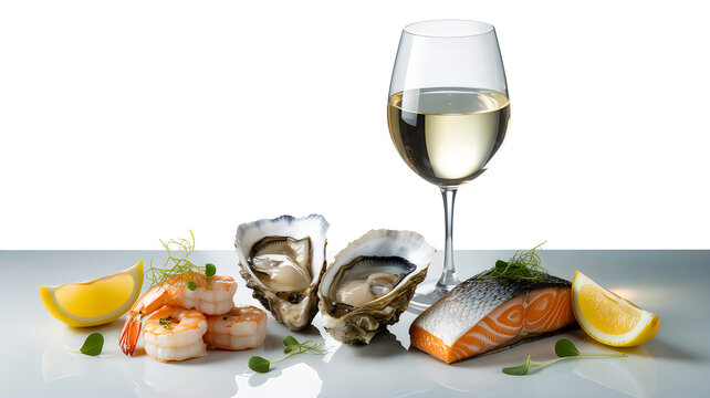 Seafood assortment served with wine glass displaying logo near lemon wedges on light base