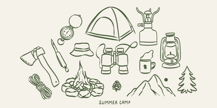 Forest camping or mountain adventure hand drawn vector line sticker, woodland hiking doodle icon set. Hiking trail trek or outdoor activity adventure badge print, campfire, backpack, tent, binoculars.