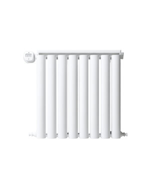 White wall mounted panel radiator with digital thermostat controller isolated on transparent background