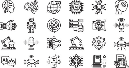 Obraz premium Set of black flat vector line icons representing artificial intelligence concepts shown on transparent background