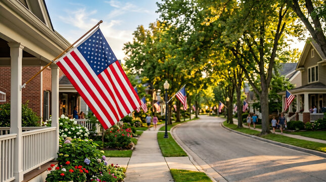 American Flag Displayed Along Tree Lined Neighborhood Street During 4th of July Celebration