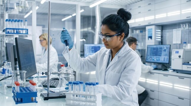 Indian Female Scientist using micropipette Biochemistry biotechnology