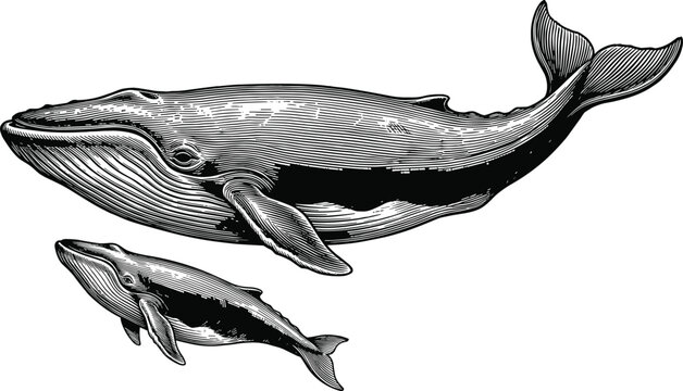 Blue whale with calf engraving illustration, humpback marine animal sketch vector isolated icons, ocean wildlife mammal mother and baby design elements