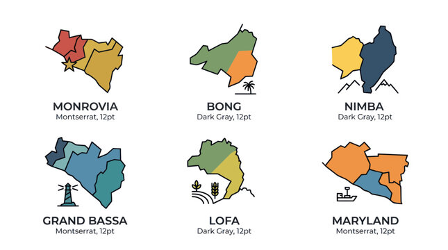 Liberia Map Regions: Monrovia, Bong, Nimba, Grand Bassa, Lofa, Maryland Illustrated