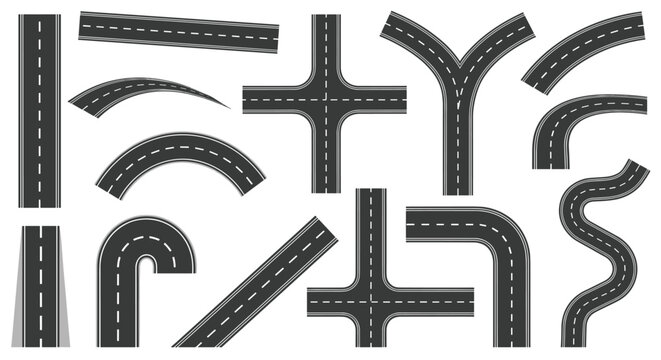 Comprehensive set of various asphalt road sections and intersections for creating custom map layouts and city designs.