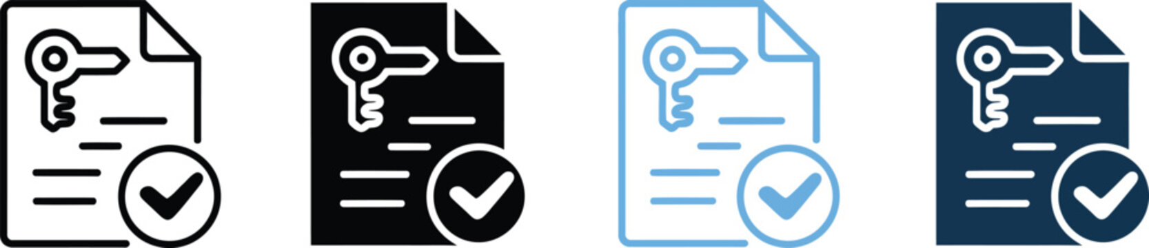Document security, icon set, verified files with key symbols and checkmarks for authentication and data protection