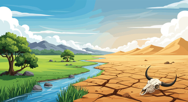 Dramatic landscape split showing a lush green riverside on one side and a cracked dry desert with a skull on the other.