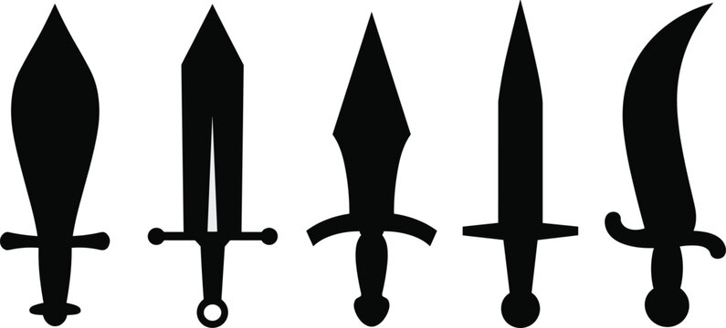 Set of black sword and dagger silhouettes showing different historical blade shapes isolated on a white background