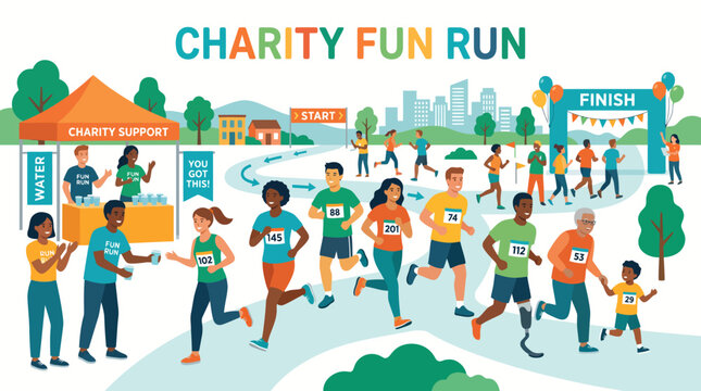 Flat vector illustration of a charity fun run with diverse participants and support stations