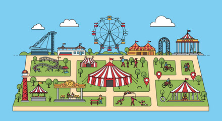 Fototapeta premium Illustration of a detailed amusement park map featuring various rides such as a ferris wheel, roller coaster, and tents.