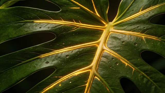 Macro close-up of tropical green leaf with animated golden detailed veins.