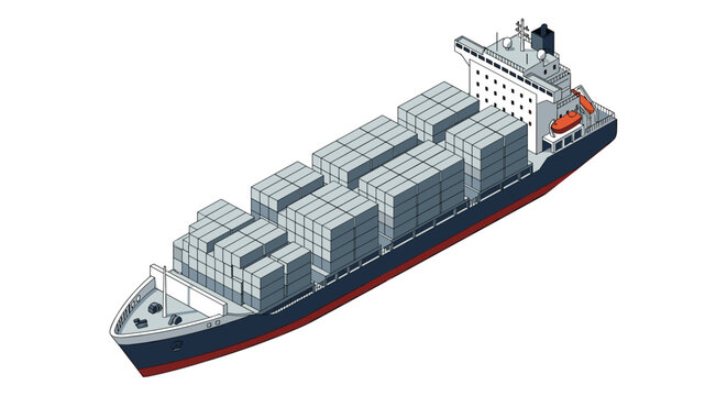 Isometric view of a massive container cargo ship designed for international maritime logistics and transport.