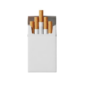 Blank white cigarette pack mockup, open cardboard box with cigarettes, tobacco product packaging template for branding and health awareness