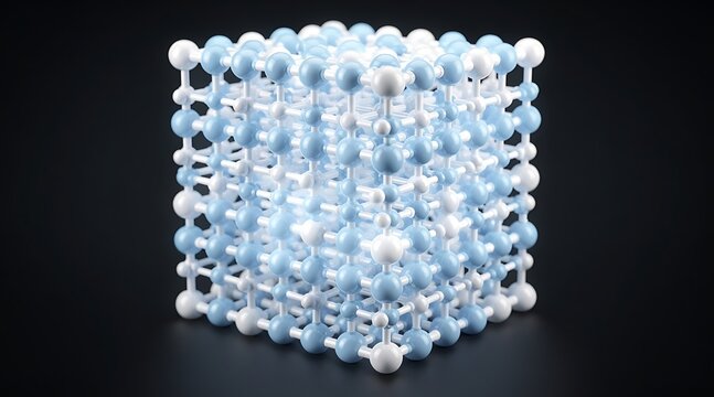 3D rendering of a crystalline structure with alternating blue and white spheres.