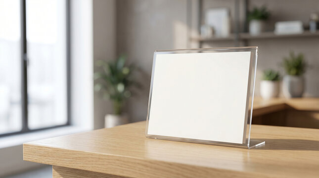 A minimalist L-shaped acrylic tabletop sign holder with a blank white paper insert on a wooden desk in a bright office environment