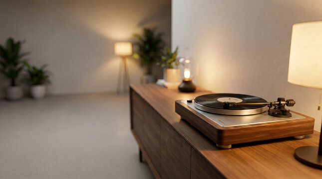 Vintage turntable on a wooden console in a cozy room