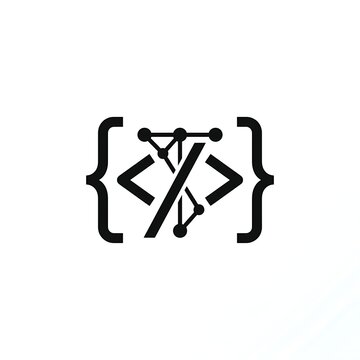 Abstract coding symbol with network nodes and lines.