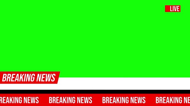 A live news broadcast screen displays multiple breaking news banners and graphics, with a green background and red and white text overlays for news updates.