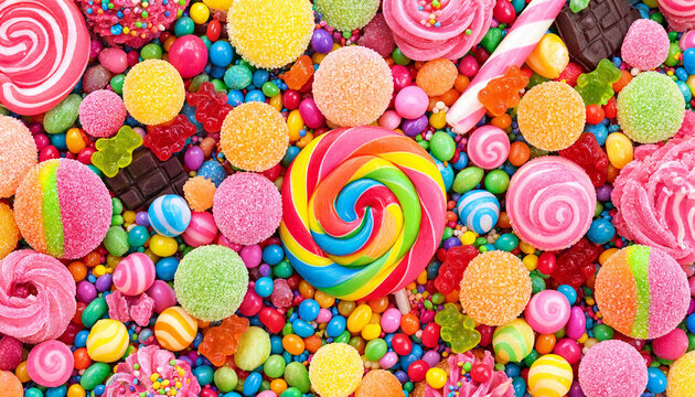 Colorful candy assortment background, vibrant rainbow lollipops and gummy bears, sweet sugar confectionery flat lay for party celebration