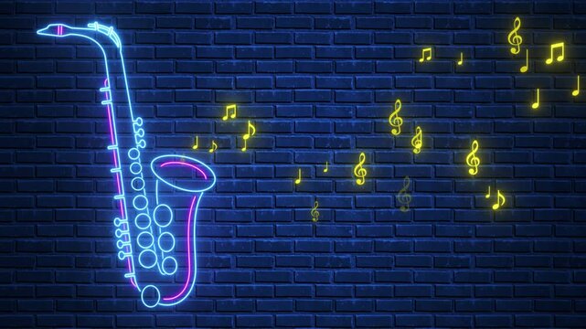 neon lights saxophone and musical notes on brick wall animation,jazz music cafe, concert and bar social media motion background