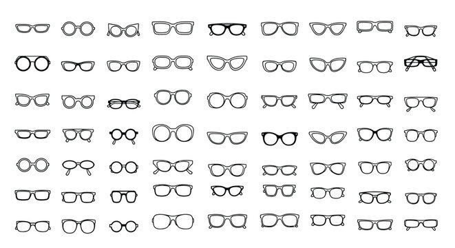 Collection of various eyewear frames in different styles and shapes presented in a grid pattern for optical fashion and vision correction.