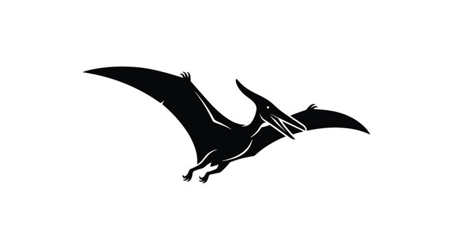 Black silhouette of a pterodactyl flying with wide wings and an open beak represents prehistoric life and ancient flying dinosaurs.