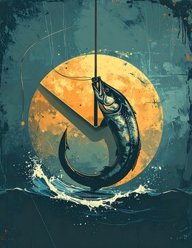 A fish caught on a hook in front of a large yellow moon