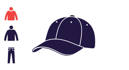 Fototapeta premium Simple icon of a navy blue baseball cap is shown alongside smaller red and blue icons representing shirts and pants for apparel.