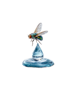 Macro blowfly hovering above water droplet splash with ripples isolated on transparent background