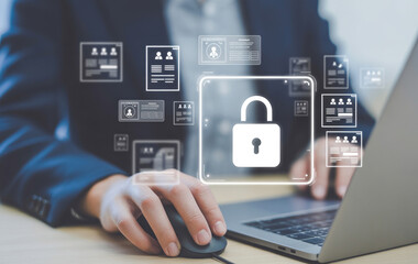 Fototapeta premium Cyber security specialist working with secure digital lock and employee data.