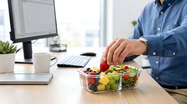 Businessman hand picking strawberry from glass fruit container desk. Concept of office nutritional balance, corporate health lifestyle, and workplace dietary habits.