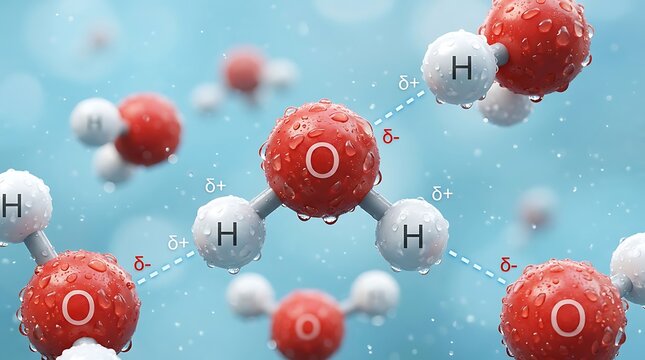 Water molecule structure and hydrogen bonding in liquid water.