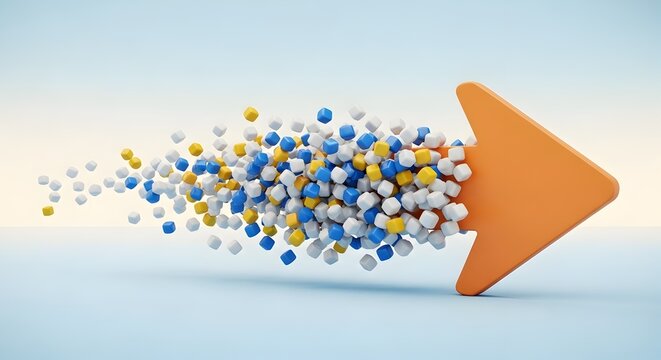 Orange forward arrow emerging from dissolving colorful geometric cubes. Concept of digital transformation, business growth strategy, and system integration.