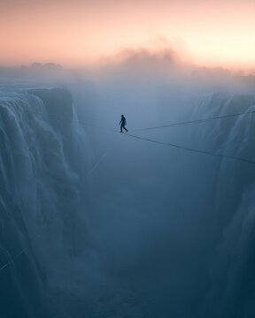 A daring acrobat walks a tightrope above a powerful waterfall, mist rising into sunrise light, breathtaking mood, wide aerial composition.