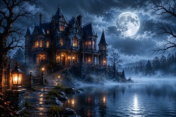 Obraz premium Spooky Halloween gothic mansion by a misty lake under a full moon, haunted Victorian house at night, eerie atmospheric digital art illustration.